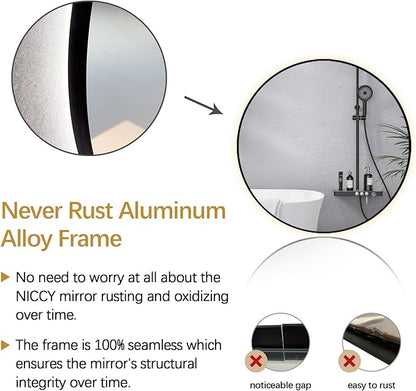 Niccy Round LED Bathroom Mirrors, Black Framed Backlit Vanity Mirror, 48" | LED Smart Circle Mirror with 3 Color Lighting, Anti-Fog Lighted, IP65 Waterproof, Wall Mounted Bathroom Vanity