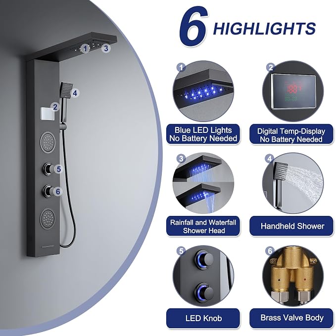 ROVATE 5-in-1 LED Rainfall Waterfall Shower Panel Tower System Matte Black | No Battery Needed Digital Temperature Display, Powerful Body Massage Jets, Flexible Handheld and Tub Spout, Blue LED Knob