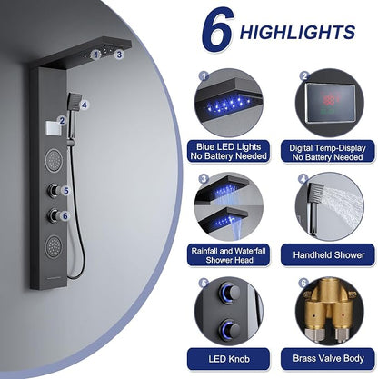 ROVATE 5-in-1 LED Rainfall Waterfall Shower Panel Tower System Matte Black | No Battery Needed Digital Temperature Display, Powerful Body Massage Jets, Flexible Handheld and Tub Spout, Blue LED Knob