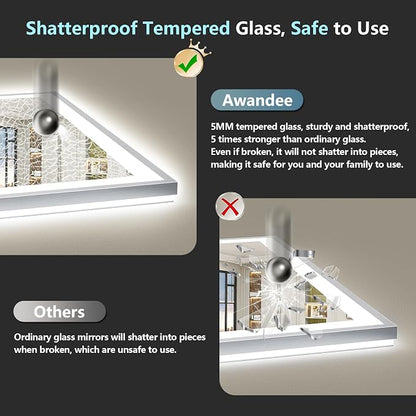 50x40 Inch Brushed Nickel LED Bathroom Mirror, Backlit & Front Lit | Silver Framed Anti-Fog Lighted Vanity Mirror with Lights, 3 Color Dimmable, Memory, HD Tempered Glass, CRI95, IP54, UL Listed