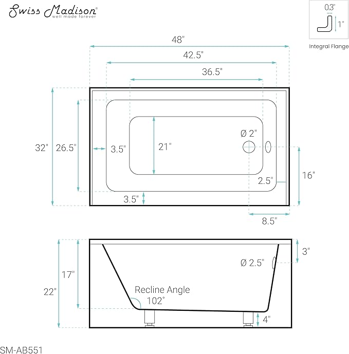 Voltaire 48" x 32" Right-Hand Drain Alcove Bathtub with Apron