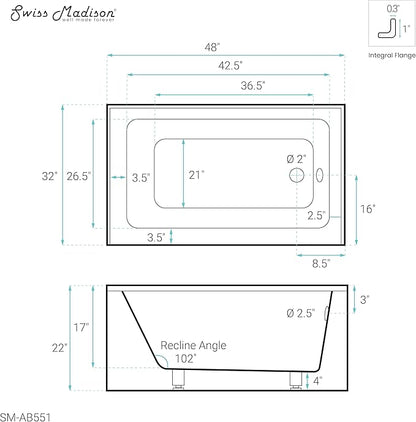 Voltaire 48" x 32" Right-Hand Drain Alcove Bathtub with Apron