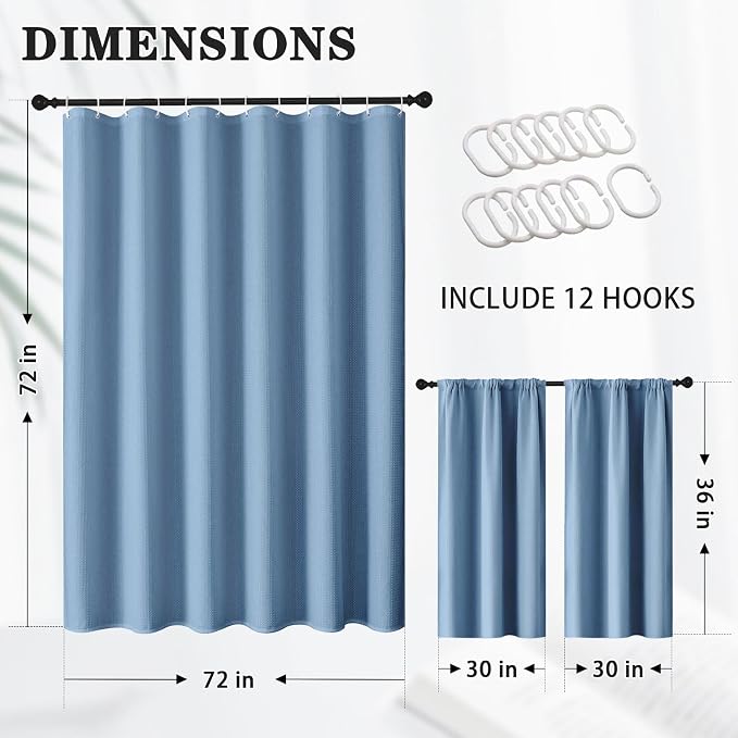 Shower Curtain Set, for Bathroom Decor 72" x 72", Modern Blue | Waffle Textured Solid Moonlight Waffle Textured Cloth Waterproof Matching Window Shower Curtain 36 x 30 Inches
