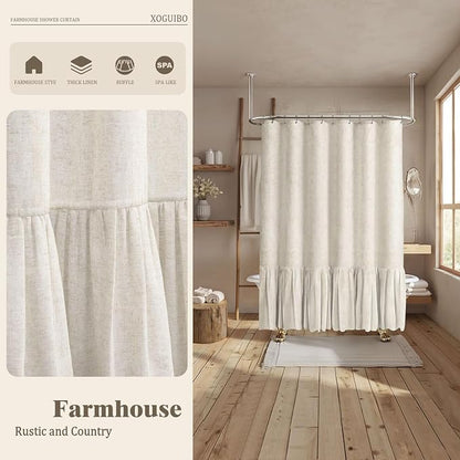 Farmhouse Shower Curtain Ruffle Linen Flax Ivory White 72"W x 84"L | Linen Fabric, Farmhouse Boho, Bottom Ruffle, Rustic, Country, Natural Look, Washable, Shower Curtain for Bathroom Bathtub