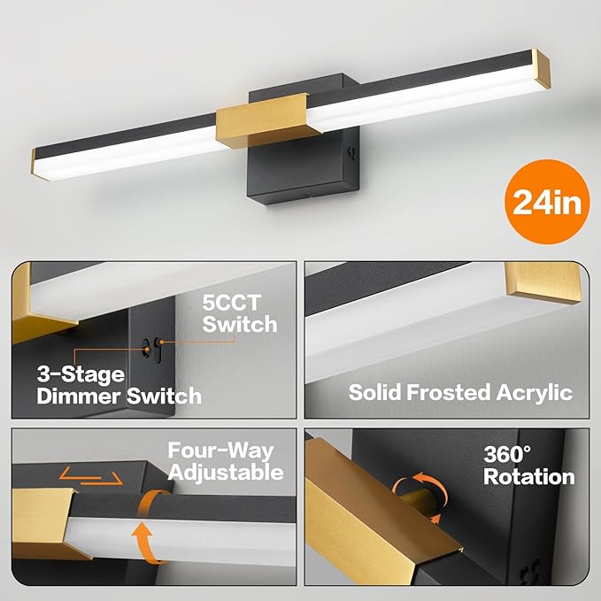 SOLFART Bathroom Light Fixtures 5CCT: Black and Gold 24-Inch LED Bar Dimmable Detachable 4-Way Light Direction Vanity Lights for Bathroom ETL IP44