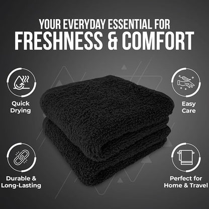 DAN RIVER 12 Pack Cotton Wash Cloths Set for Showering [12x12] Black | Lighter Weight, Quick to Dry, Super Soft & Absorbent Face Towels, Hotel Quality, Perfect for Bathroom, Gym, Spa