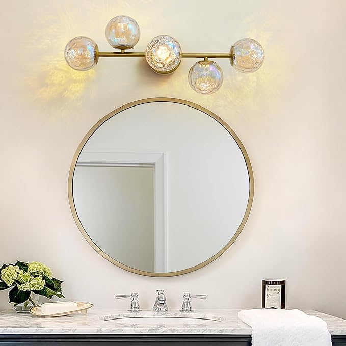Gold LED Bathroom Vanity Light: 5-Light Stained Hammered Glass Colorful Globes Brass Vanity Lights Fixture over Mirror for Bath Room Makeup - Unique Mid Century Modern Brushed Gold Entryway Wall Light