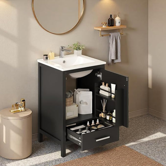 20" Freestanding Bathroom Vanity with Sink, Floor Stand Bathroom Storage Cabinet with Ceramic Sink, Door with Double-Layered Storage Shelves, Modern Compact Vanity with Divided Drawer, Black