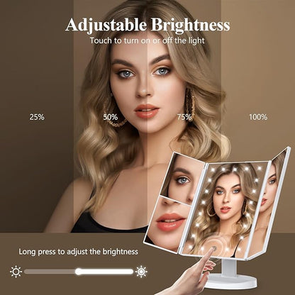 HUONUL 2X/3X/10X Magnifying Vanity Mirror with Light, Trifold Makeup Mirror | Touch Dimming, Dual Power, Clear View for Makeup, Skincare. Dorm Room Essentials. Birthday Gifts for Women, Mom, Wife, Girls