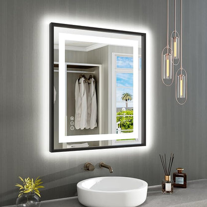 28"X32" LED Bathroom Mirror with Black Frame, Front Lit and Backlit | Metal Framed Mirror, Stepless Dimmable, HD Reflection, Anti-Fog, Shatter-Proof, Memory, 3 Colors Lighting, UL Listed.