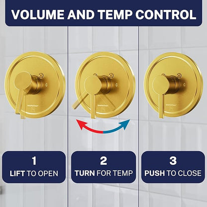 HammerHead Showers Solid Metal Single-Handle Trim Kit with Rough-In Shower Valve, Volume and Temperature Control, Pressure Balance, Brushed Gold