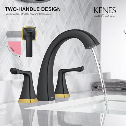Black and Gold Bathroom Faucets for Sink 3 Hole 2 Handle Widespread | Bathroom Vanity Faucet with Pop Up Drain & Supply Lines, Lead-Free cUPC & NSF Certified, 8 Inch Faucet for Vanity RV Sink