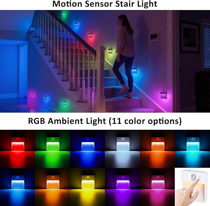 8 Pack Rechargeable Motion Sensor Stair Light for Indoor, RGBW Battery Operated Closet Lights, Stick On Night Lamp, Motion Activated Magnetic Lighting Lamps for Step,Cabinet,Hallway,Bathroom