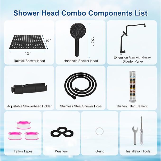 Metal 12" Rain Showerhead with 10-Spray Handheld, Easy Reach 4-way Diverter | Oil Rubbed Bronze Finish, NSF/ANSI/CAN 372 Certified, High Pressure Shower Head with Pause Mode, 71" Hose/12" Extension Arm