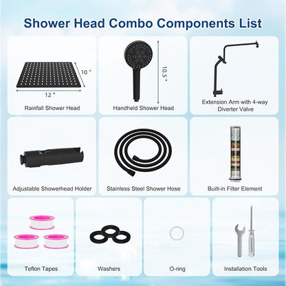 Metal 12" Rain Showerhead with 10-Spray Handheld, Easy Reach 4-way Diverter | Oil Rubbed Bronze Finish, NSF/ANSI/CAN 372 Certified, High Pressure Shower Head with Pause Mode, 71" Hose/12" Extension Arm