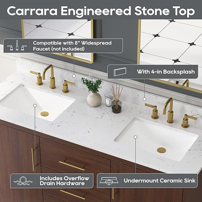 60 Inch Bathroom Vanity with Double Sink, Solid Wood Frame with Engineered Marble Countertop, Fully-Assembled Vanity with Soft-Close Drawers, Adjustable Feets, Warm Elm