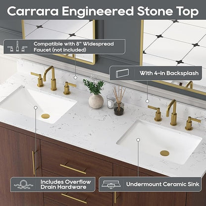 60 Inch Bathroom Vanity with Double Sink, Solid Wood Frame with Engineered Marble Countertop, Fully-Assembled Vanity with Soft-Close Drawers, Adjustable Feets, Warm Elm