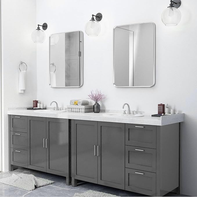 Silver Bathroom Mirror 24x32in, Metal Framed Rounded Rectangle | Tempered Glass, Shatter Proof, Anti-Rust Frame, Hangs Horizontal or Vertical