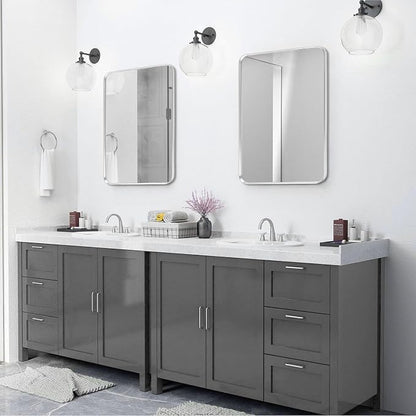 Silver Bathroom Mirror 24x32in, Metal Framed Rounded Rectangle | Tempered Glass, Shatter Proof, Anti-Rust Frame, Hangs Horizontal or Vertical