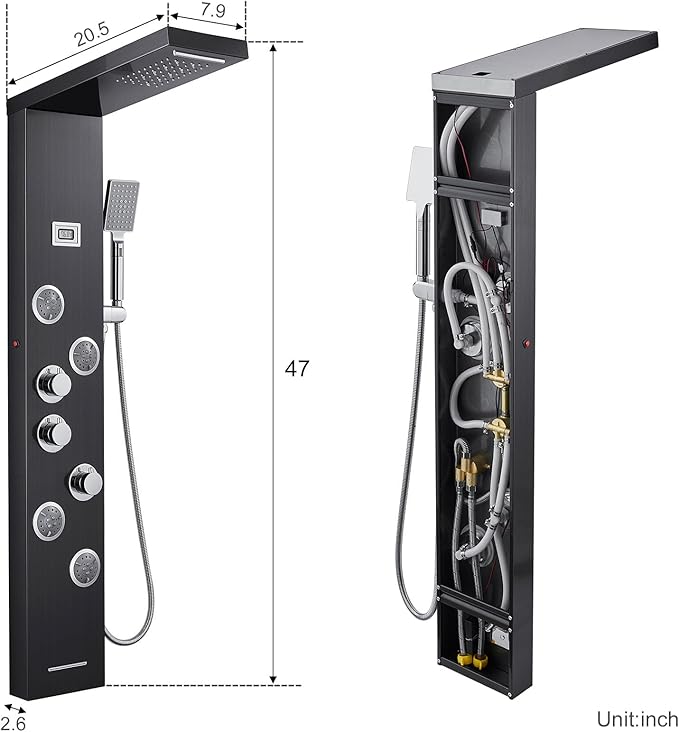 MENATT LED Shower Panels Tower System, SUS304 Stainless Steel Bathroom Shower Panel System with 4 Body Jets, Rainfall, Waterfall, Handheld Shower, Tub Faucet (Black)