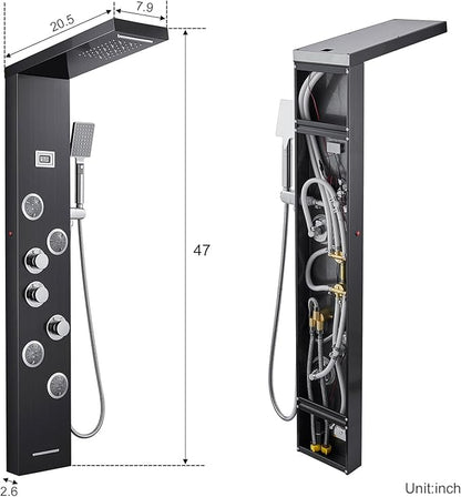 MENATT LED Shower Panels Tower System, SUS304 Stainless Steel Bathroom Shower Panel System with 4 Body Jets, Rainfall, Waterfall, Handheld Shower, Tub Faucet (Black)
