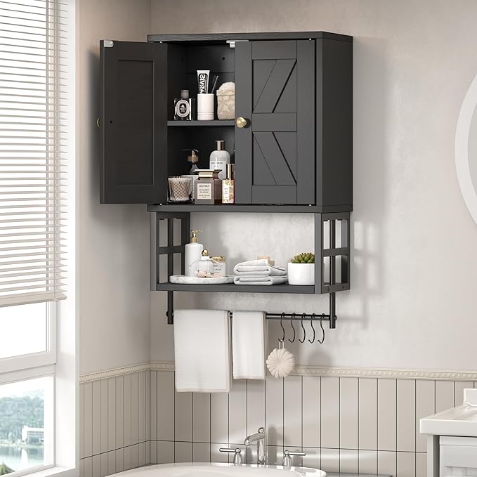 Farmhouse Medicine Cabinet - 3-Tier Wall Mounted Storage Organizer with Adjustable Shelves, Towel Bar, 5 Hooks for Small Bathroom, Laundry Room, Over Toilet, Living Room, Bedroom (Black)