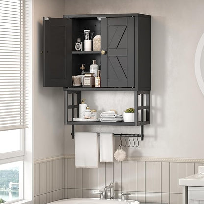 Farmhouse Medicine Cabinet - 3-Tier Wall Mounted Storage Organizer with Adjustable Shelves, Towel Bar, 5 Hooks for Small Bathroom, Laundry Room, Over Toilet, Living Room, Bedroom (Black)