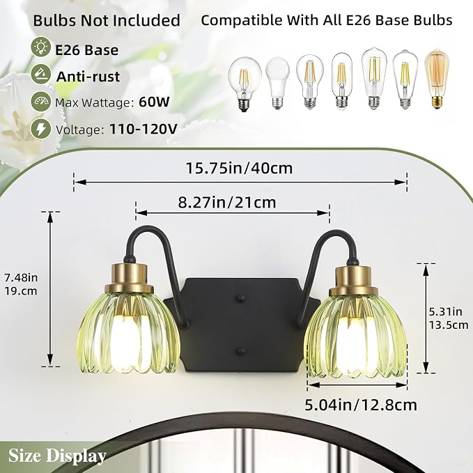 2-Light Bathroom Vanity Light, Black Vanity Light, Vintage Black Finish Wall Mount Sconces with Tulip Glass Shade, Mid Century Hardwired Wall Sconces for Bedroom, Living Room, Hallway