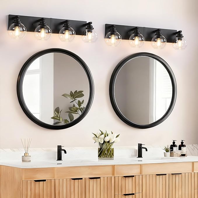 Bathroom Light Fixtures, 4-Light Matte Black Vanity Lights, Modern Bathroom Lighting Fixtures Over Mirror, Farmhouse Vanity Lights with Glass Shade for Living Room, Bedroom, Hallway