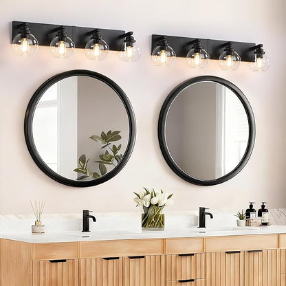 Bathroom Light Fixtures, 4-Light Matte Black Vanity Lights, Modern Bathroom Lighting Fixtures Over Mirror, Farmhouse Vanity Lights with Glass Shade for Living Room, Bedroom, Hallway