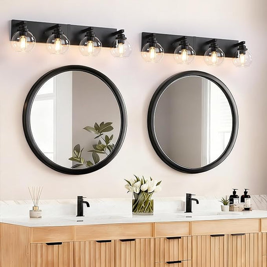 Bathroom Light Fixtures, 4-Light Matte Black Vanity Lights, Modern Bathroom Lighting Fixtures Over Mirror, Farmhouse Vanity Lights with Glass Shade for Living Room, Bedroom, Hallway