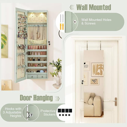 Moccha Wall Door Jewelry Armoire, 47.5" H Full Length Mirrored Jewelry Cabinet with 2 LED Lights and 2 Drawers, Lockable Jewelry Cabinet, Jewelry Organizer Storage for Bedroom (Sage)