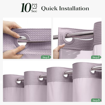 Lavender Hook Free Waffle Shower Curtain & Snap Fabric Liner,72x75 | Less Time to install, 3 in 1 Fabric Shower Curtain and Liner Set with Magnets, Mesh Top Window, Shower Curtains for Bathroom
