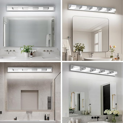LED Modern Bathroom Light Fixtures, 5-Light 40-Inch Chrome Vanity Lights for Bathroom Lighting Fixtures Over Mirror, 350° Rotatable Acrylic, 6000K Cool White Wall Lamp