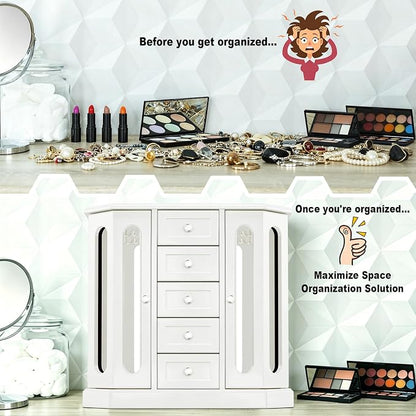 RR ROUND RICH DESIGN Vintage Jewelry Armoire with Mirror White | Solid Wood Jewelry Box Organizer with 5 Drawers & 2 Glass Doors - Large Capacity Desktop Dresser Case