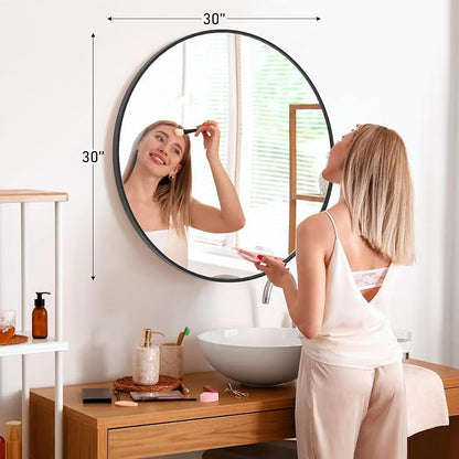 NEWBULIG 30 Inch Round Bathroom Mirror, Wall Mount Mirror | Circle Vanity Mirror for Over Sink, Matte Metal Frame, Entryway Decor, Bedroom Decor, Black