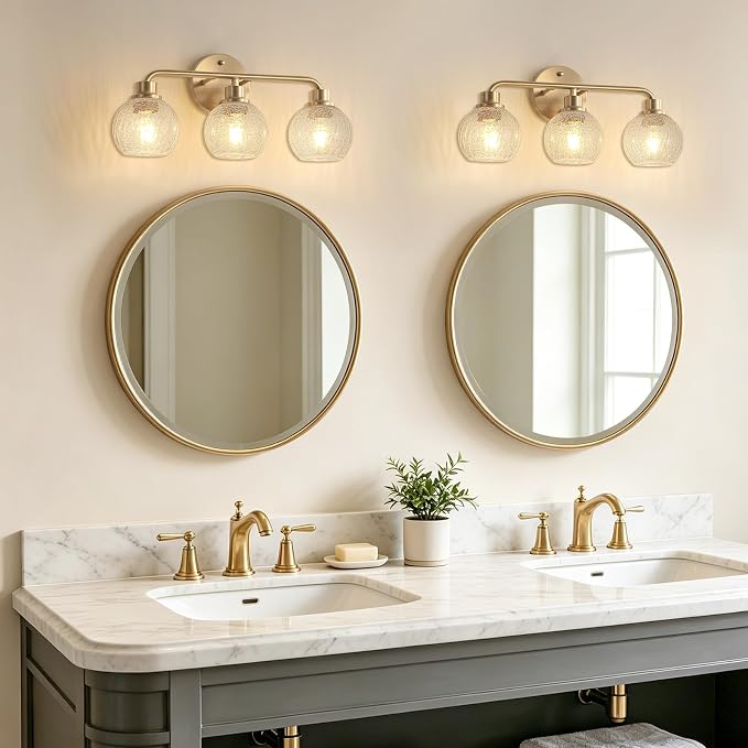 Bathroom Light Fixtures Gold Vanity Light 3 Light Brushed Brass | Wall Sconces Lighting with Crackle Globe Glass Shades Bath Wall Lamp for Mirror Kitchen Living Room Bedroom Hallway