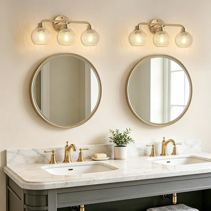 Bathroom Light Fixtures Gold Vanity Light 3 Light Brushed Brass | Wall Sconces Lighting with Crackle Globe Glass Shades Bath Wall Lamp for Mirror Kitchen Living Room Bedroom Hallway