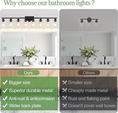 Indoi 8-Light Bathroom Light Fixtures, Matte Black Modern Vanity Lights with Clear Glass Shades, Bathroom Wall Lamp for Mirror Living Room Cabinet Bedroom Porch