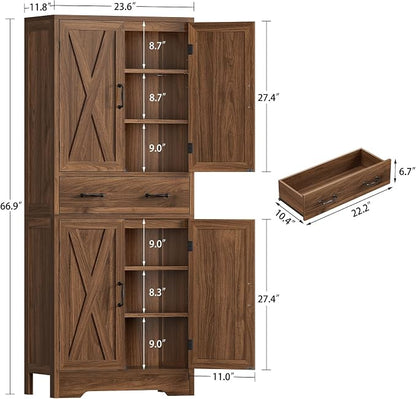 Tall Storage Cabinet with 2 Adjustable Shelves & 1 Large Drawer, Kitchen Pantry Cabinet with 4 Doors, Bathroom Storage Cabinets, for Living Room, Kitchen, Bathroom, Walnut