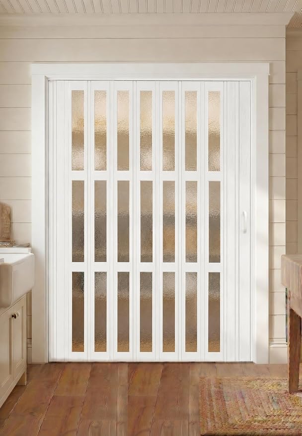 SmartStandard 60X80in Accordion Doors with Frosted Acrylic Glass, White | Save Space, Full-Side Magnetic Strip, Double-Layer PVC Accordion Doors Interior for Doorway Closet, Easy to Assemble