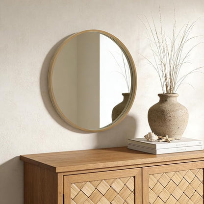 Round Wood Mirror 24 inch Circle Wall Mirror for Bathroom Round Wall Mirror for Wall Decor, Vanity, Entryway Living Room (Natural)
