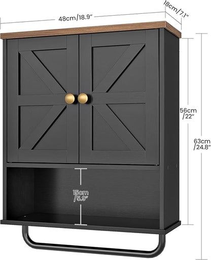 Bathroom Wall Cabinet, Medicine Cabinet with Open Partition and Towel Bar, Rustic Storage Cabinet with Open and Hidden Storage Space, for Bathroom, Living Room, Kitchen, Black and Walnut