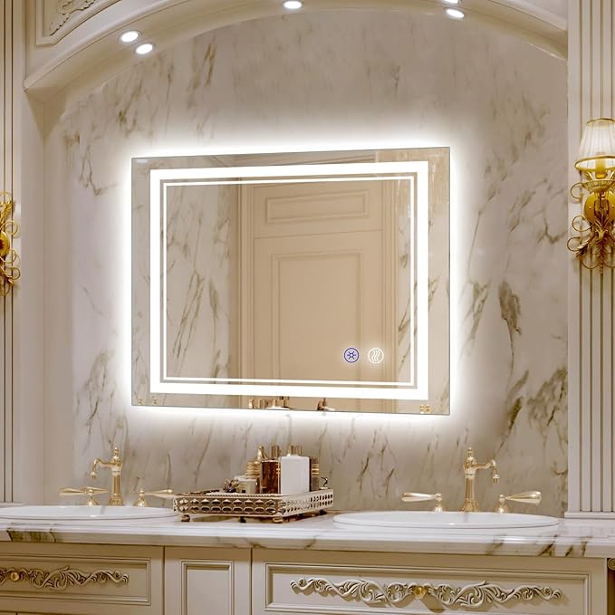 SaniteModar Bathroom Mirror with Lights 36x30 in, Led Mirror for Bathroom, Led Bathroom Mirror, 3 Color Dimmable, Anti Fog, Touch Button, CRI90+, Horizontal/Vertical