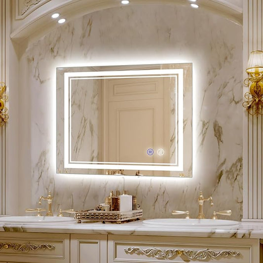 SaniteModar Bathroom Mirror with Lights 36x30 in, Led Mirror for Bathroom, Led Bathroom Mirror, 3 Color Dimmable, Anti Fog, Touch Button, CRI90+, Horizontal/Vertical