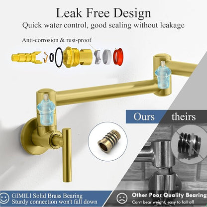 Pot Filler Faucets - for Kitchen, Sink, Stove and Bar with Brass Wall Mount Double Joint Swing Arms - Leak Free Designs with High-Flow Aerators - Retractable and Folding Save Space - Brushed Gold