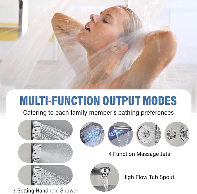FUZ Shower Panel Tower System, Stainless Steel 6 Function Shower Panel System with LED Fancy Rain Shower Head and Handheld, Comfortable Rain Massage Body Jet and Tub Spout, Brushed Nickel Shower Tower