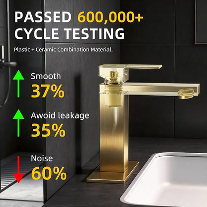 Brushed Gold Bathroom Faucet, SUS304 Stainless Steel Lead-Free | Vanity Faucet with Deck Plate & Pop-Up Drain, Single/3 Hole Installation, for Farmhouse, Bathroom Sink, Vanity, Washbasin, RV