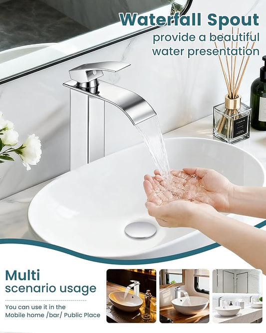 LIFG Chrome Vessel Sink Faucet, Tall Waterfall Bathroom Faucet, Single Handle One Hole Mixer Bowl Tap with Large Rectangular Spout, Bar Sink Faucet Lavatory Vanity