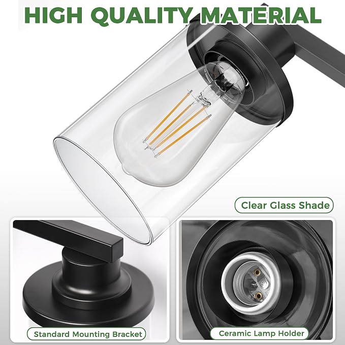 17 Inch 3-Light Black Bathroom Vanity Light with 3 Bulbs | Modern Bathroom Vanity Light, Glass Shade Vanity Light Fixture With Bulbs, Mirror Lighting for Hallway Bedroom Living Room